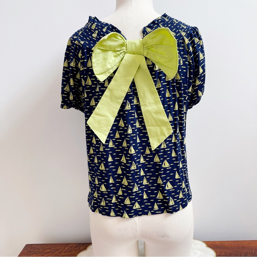 Anthropologie Blue & Green Bow Sail Boat Short Sleeve Top Off Shoulder Sz S